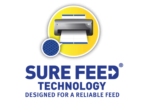 Avery's Sure Feed Technology badge showing a printer with a Sure Feed product feeding through it, featuring text that reads 'Sure Feed Technology, Designed for a Reilable Feed'